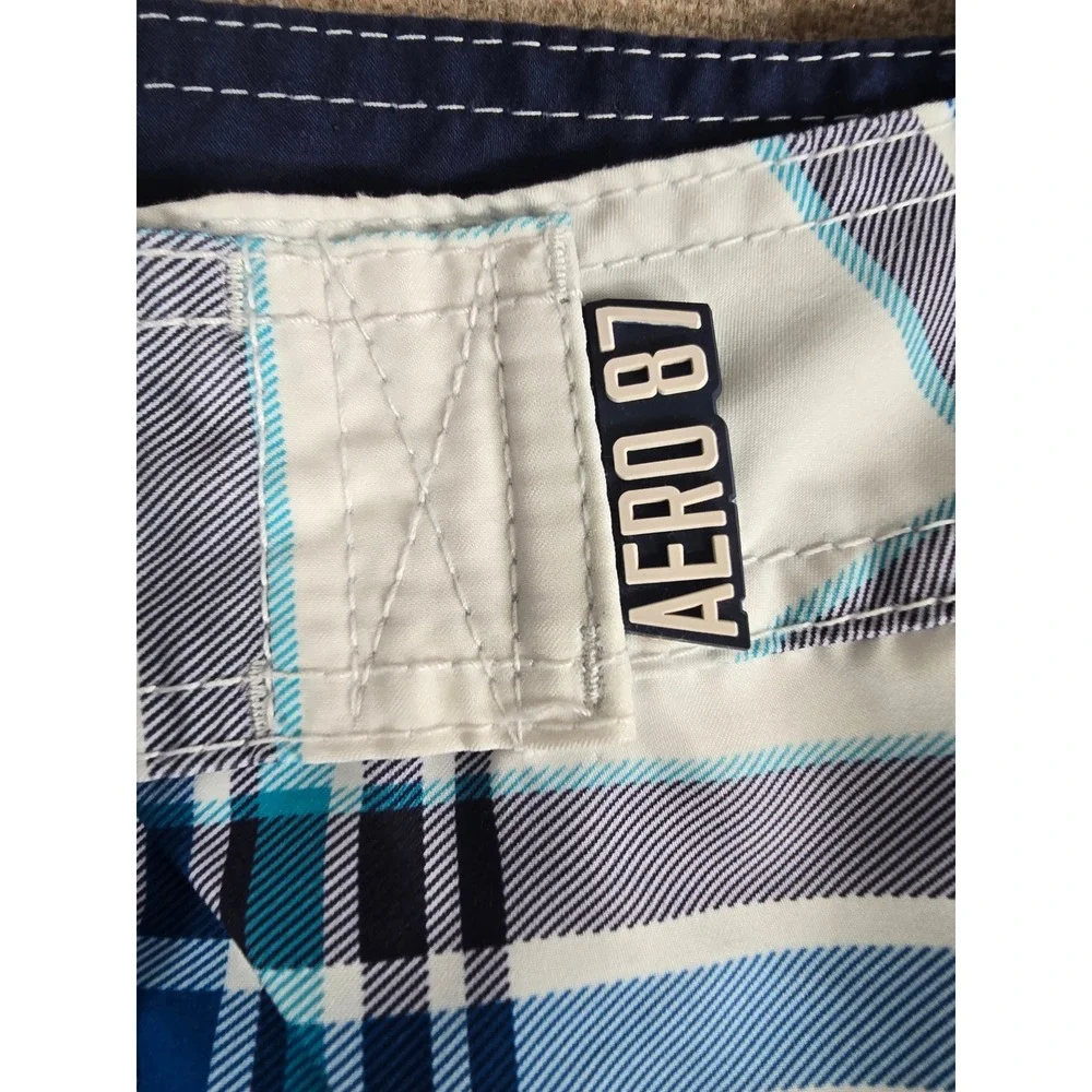 Aeropostale Mens Blue White Plaid Board Shorts Swim Trunks Size 28 7184AH11